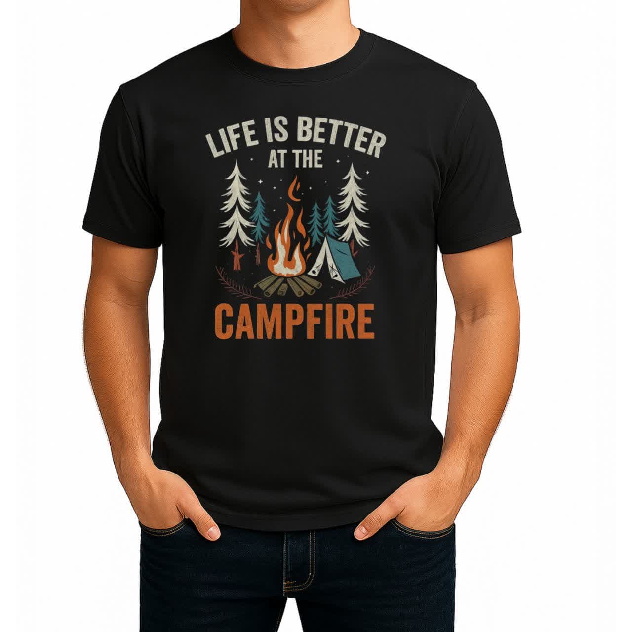 تیشرت نخی مشکی کمپ و طبیعت گردی طرح Campfire