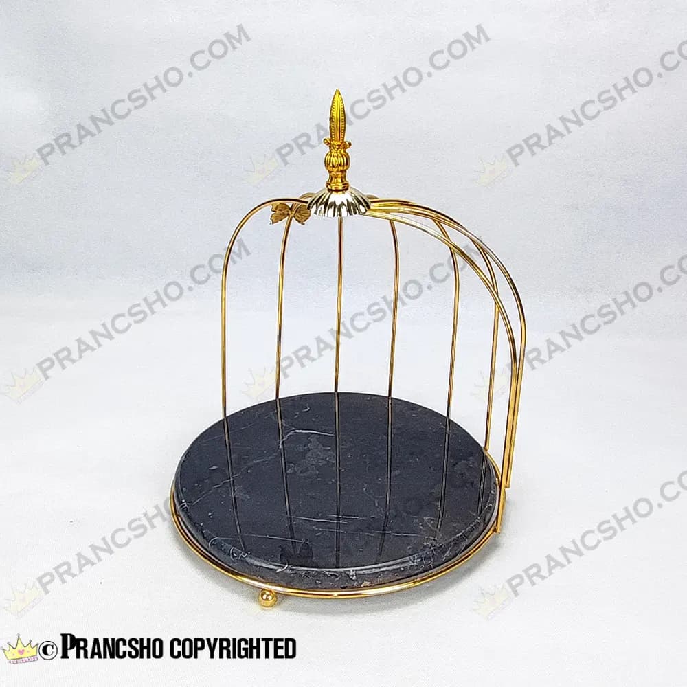 استند سنگی قفس و پروانه یک طبقه طلایی سنگ مشکی خط سفید