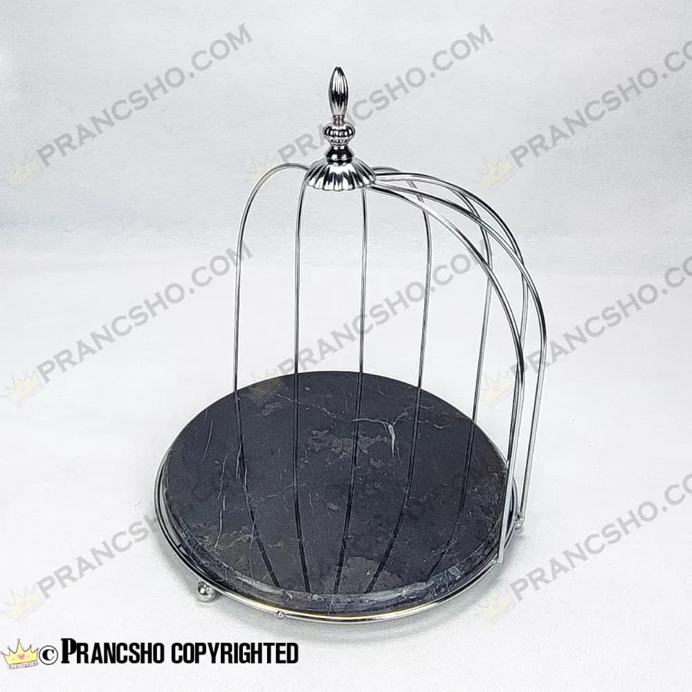 استند سنگی قفس و پروانه یک طبقه نقره‌ای سنگ مشکی خط سفید