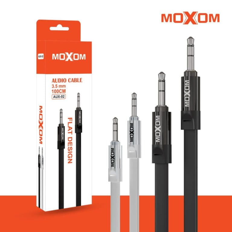 کابل صدا AUX موکسوم مدل AUX-02 فلت MOXOM مشکی کد 26273 — تصویر ۲