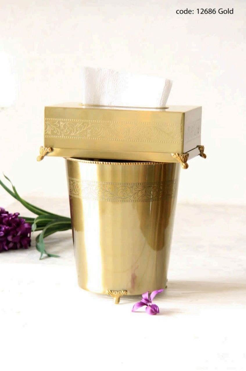سطل و جای دستمال کاغذی هندی نیوسان مدل 12686 طلایی استیل برنج
