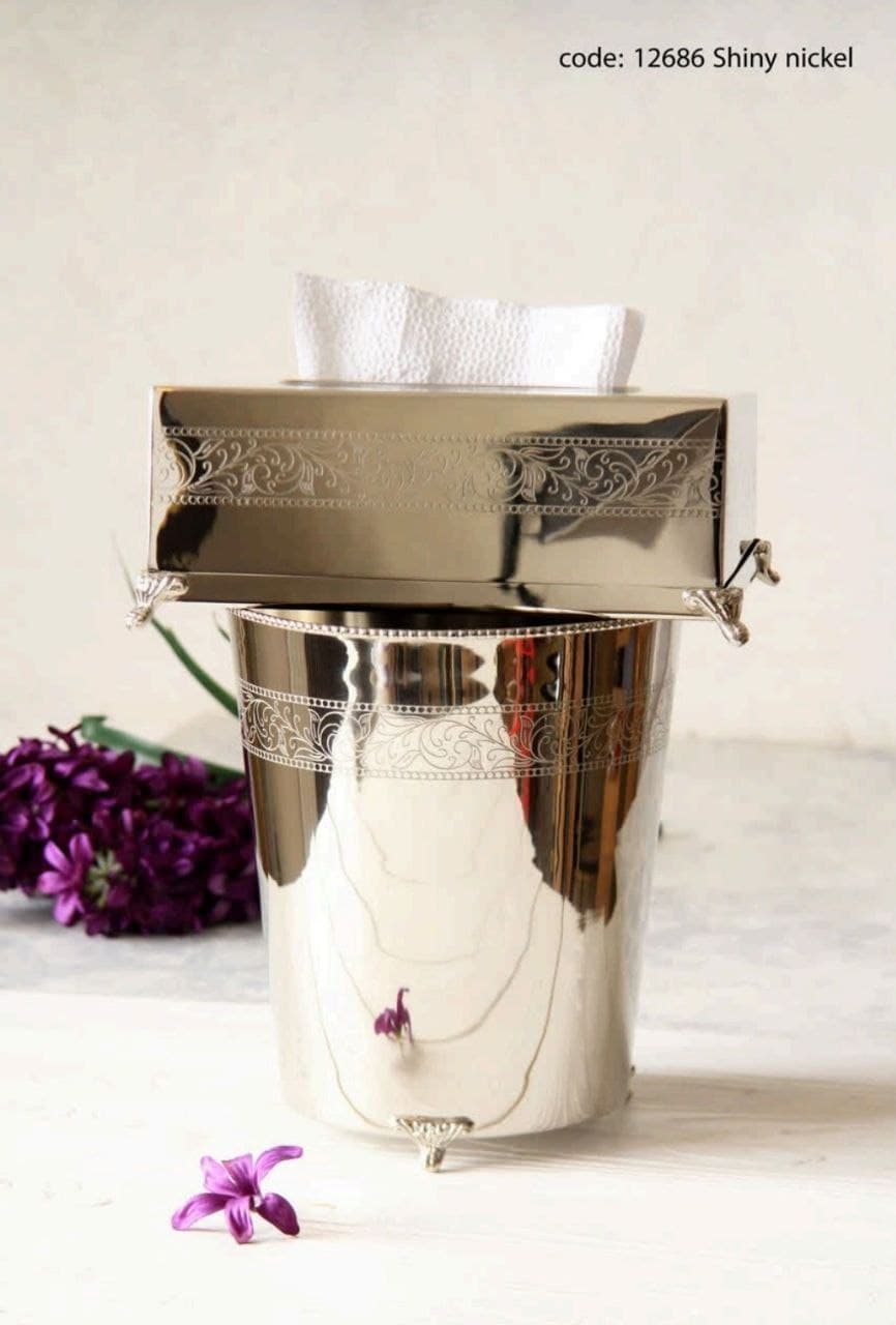 سطل و جای دستمال کاغذی هندی نیوسان مدل 12686 شاینی نیکل