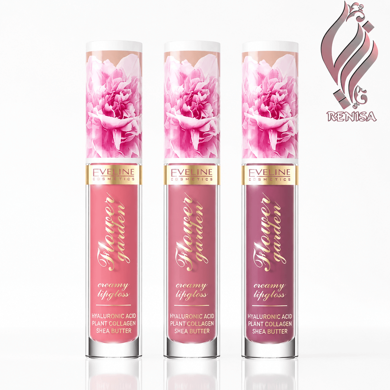 لیپ گلاس آبرسان اولاین حاوی کلاژن و شی باتر Eveline Flower Garden Lip Gloss