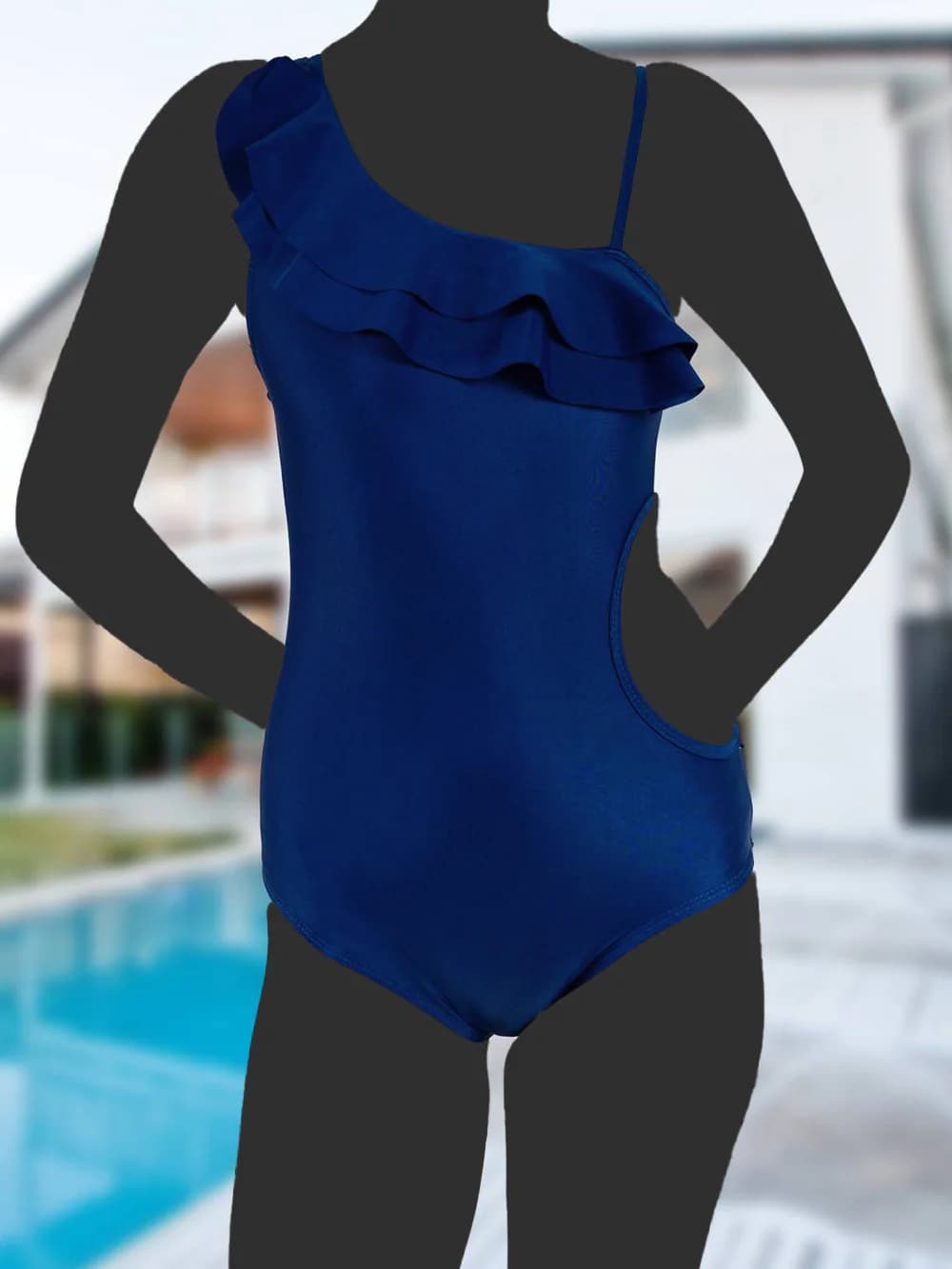 مایو فانتزی زنانه بصورت یقه چین دار رومی آبی رنگ برند اسپیدو ( Speedo ) کاپدار — تصویر ۳