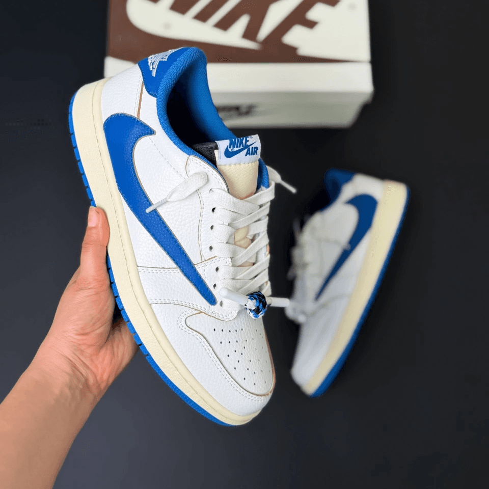کفش نایک ایر جردن وان لو فرگمنت تراویس اسکات میلیتاری آبی کرم Nike Air Jordan 1 Low Fragment Travis Scott Military Blue Cream — تصویر ۳
