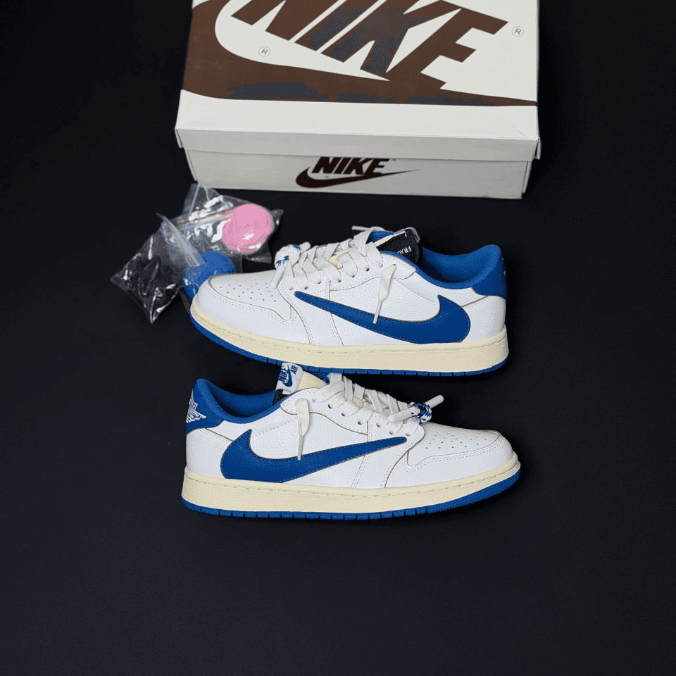 کفش نایک ایر جردن وان لو فرگمنت تراویس اسکات میلیتاری آبی کرم Nike Air Jordan 1 Low Fragment Travis Scott Military Blue Cream