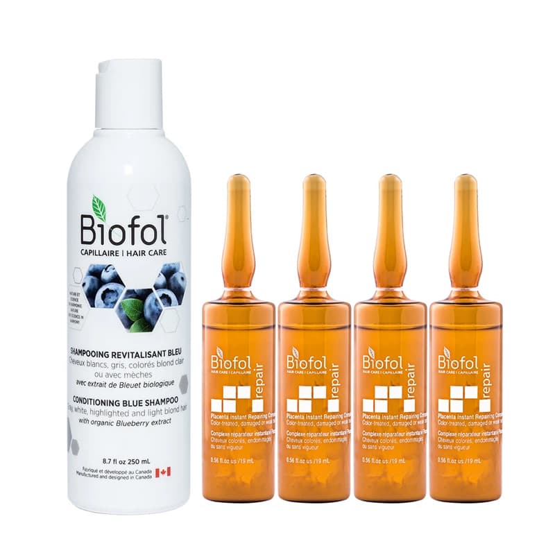 ترمیم کننده و ضد ریزش مو پکیج درمانی بایوفول کانادا (بلوشامپو + 4 محلول پلاسنتا) BIOFOL