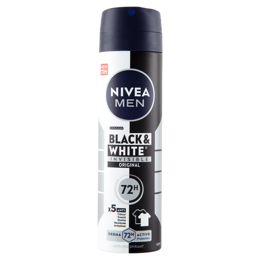 اسپری دئودورانت ضد تعریق مردانه 72ساعته نیوآ مدل Black & White Invisible حجم 150 میلی لیتر