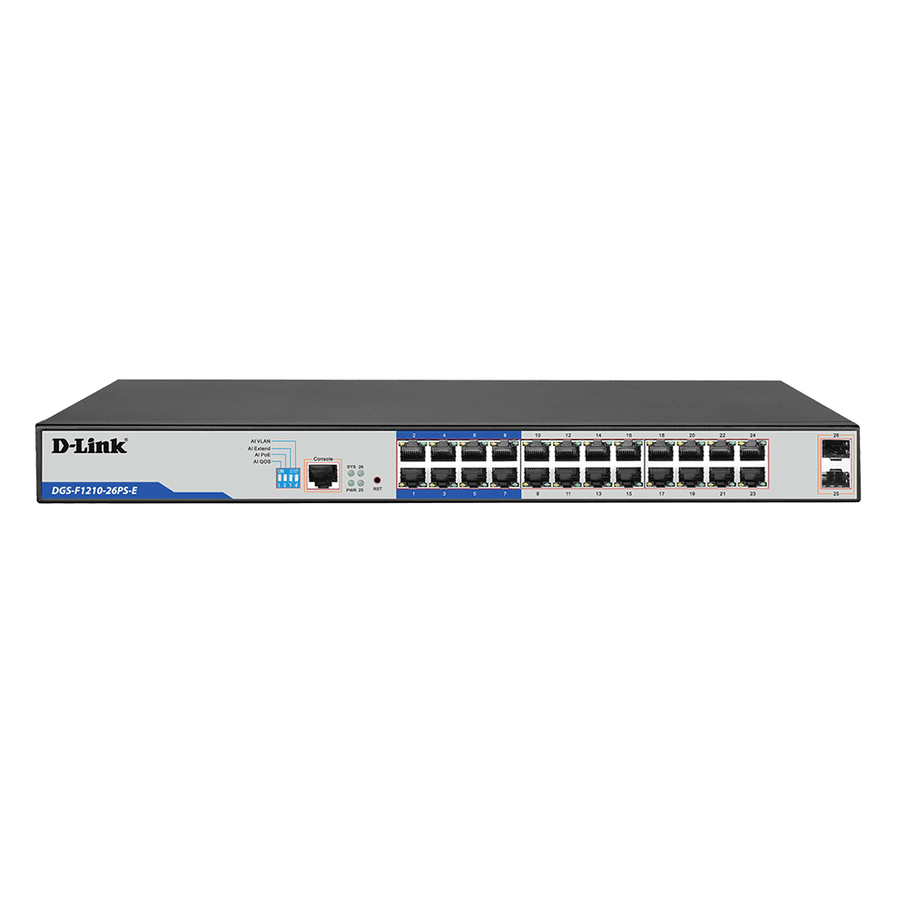 DLINK DGS-F1210-26PS-E with 24 10/100/1000 Mbps PoE ports, 2 Gigabit SFP