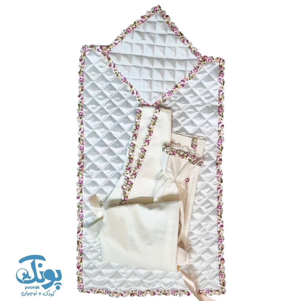 پک جشن تکلیف چادر حاشیه گلدار با کیف کرمی پاپیون دار