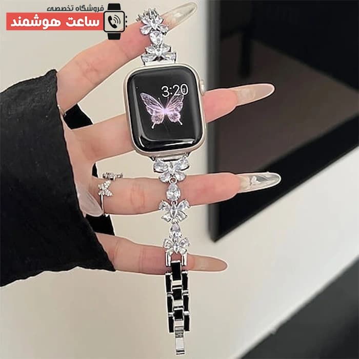 بند اپل واچ دیاموند گل و پروانه کد 20793 — تصویر ۴