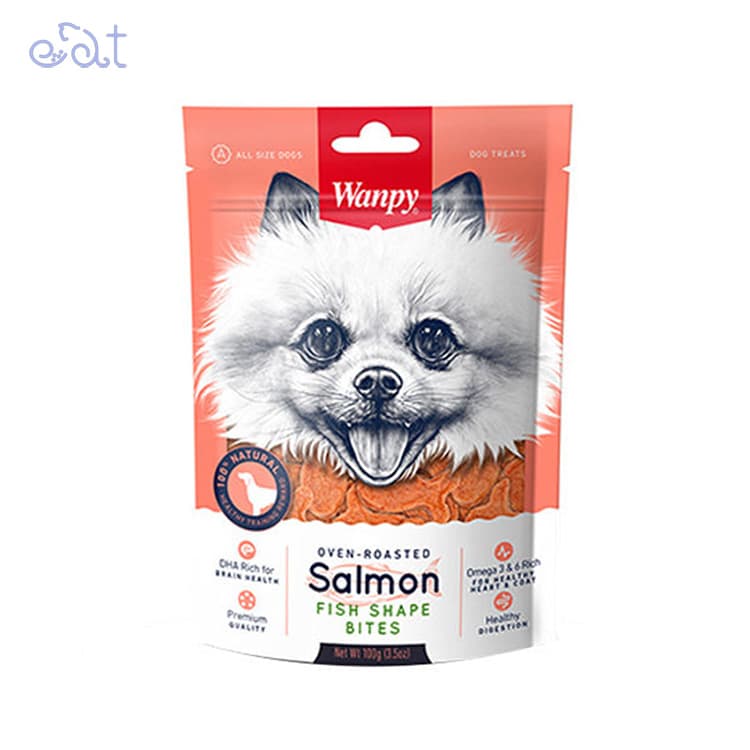 تشویقی سگ ونپی با طعم سالمون و پوست ماهی مدل Salmon Fish Shape Bites وزن 100 گرم