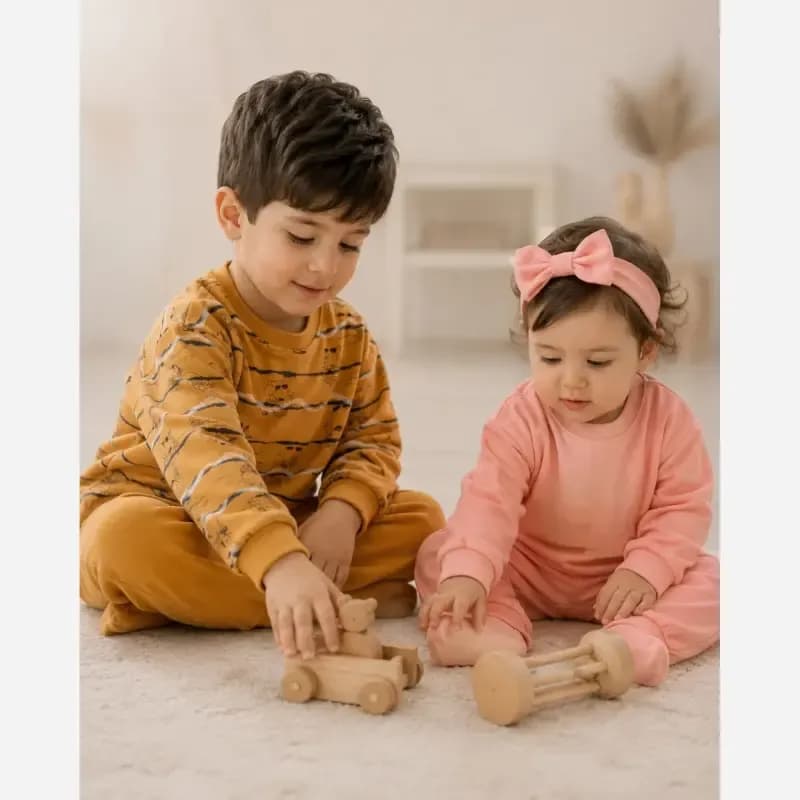 ست بلوز شلوار بچگانه طرح پنگوئن پاییزه مخمل سلانیک پنبه صورتی خردلی 1 تا 7 سال — تصویر ۲