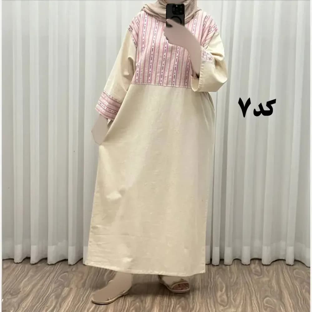 پیراهن کفتان لینن پاییزه فری سایز زنانه تا سایز 50 شیک و راحت کمربند دار بدون سایه اندازی — تصویر ۸