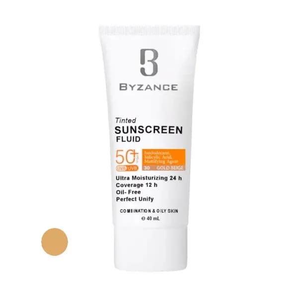ضدآفتاب رنگی بیزانس رنگ 30 مدل Gold Beight 30 مناسب پوست چرب و مختلط SPF 50 حجم 40 میلی‌لیتر