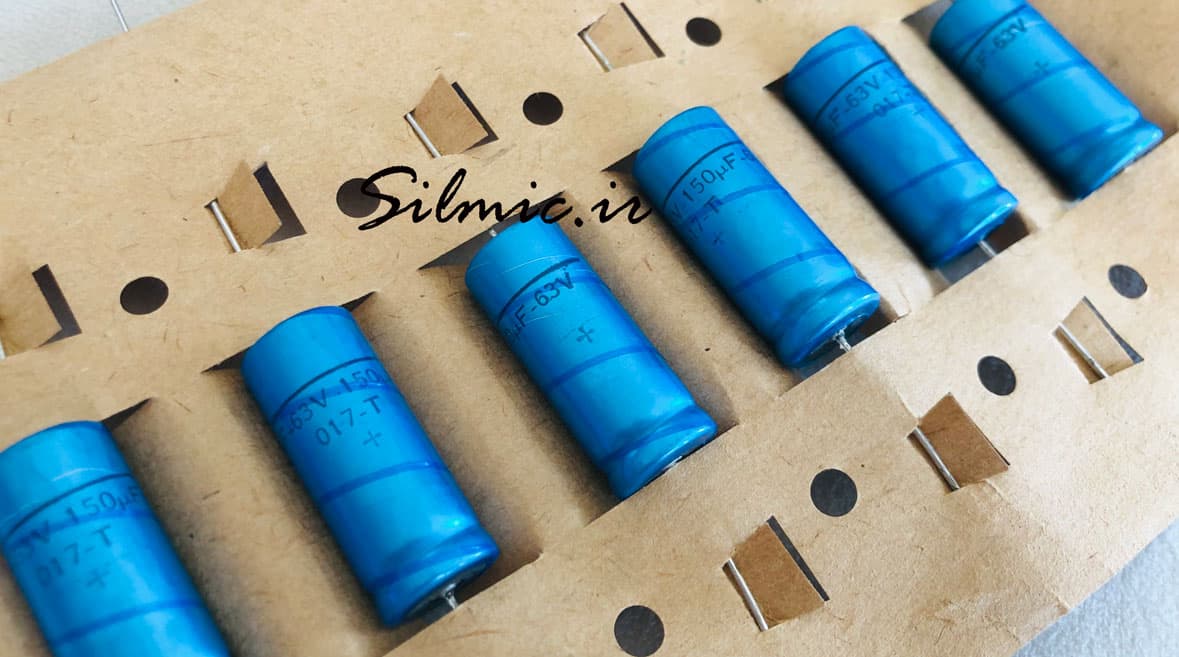 خازن اکسیال 150 میکرو فاراد 63 ولت PHILIPS هلند با طول عمر بسیار بالا