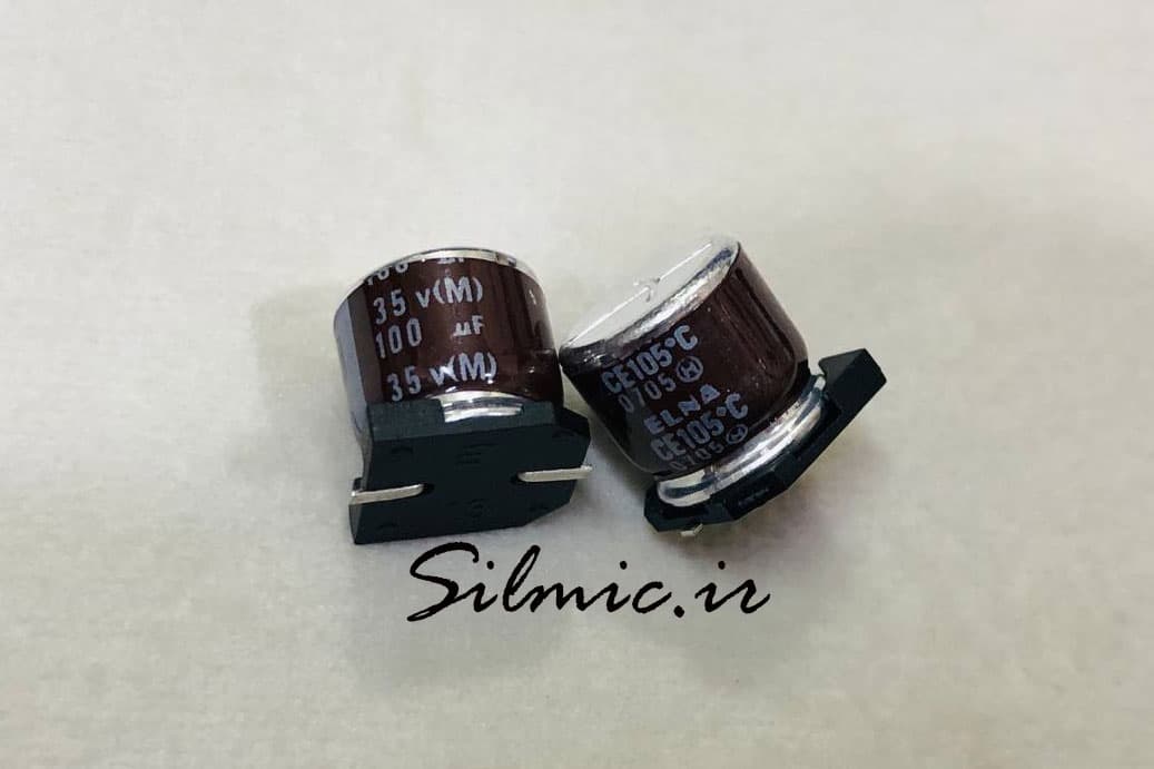 خازن 100 میکرو فاراد 35 ولت SMD ساخت ELNA ژاپن سری RVJ با طول عمر بالا