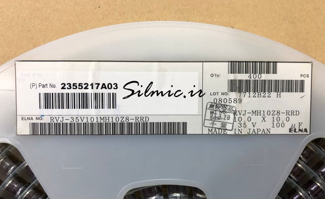 خازن 100 میکرو فاراد 35 ولت SMD ساخت ELNA ژاپن سری RVJ رول 400 عددی