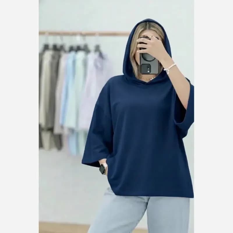 تیشرت کلاهدار زنانه جنس پنبه سوپر فری سایز — تصویر ۵