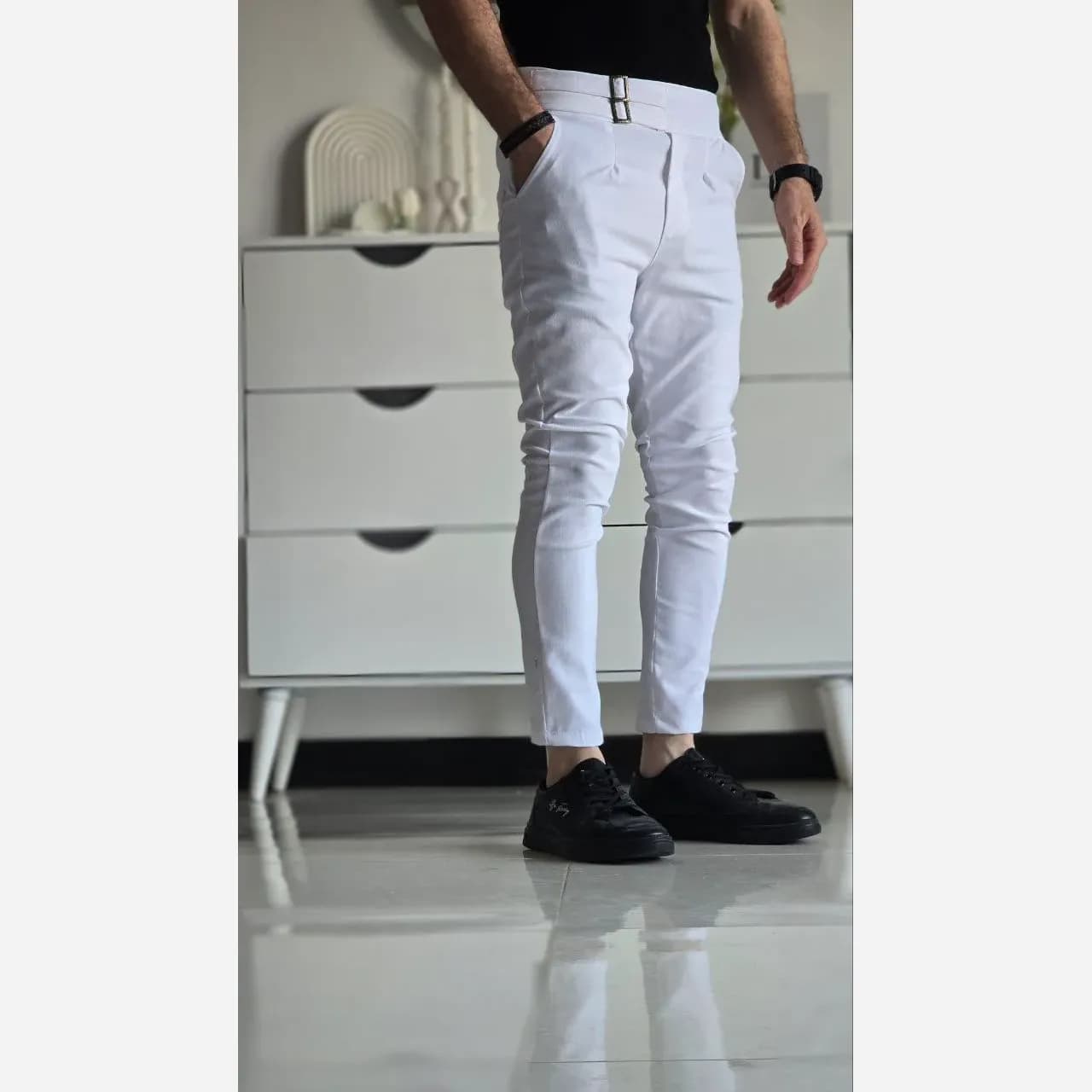 شلوار کمر انگلیسی زنانه پارچه بنگال رنگ مشکی طوسی سفید نخودی سبز سایز XL و XXL — تصویر ۸