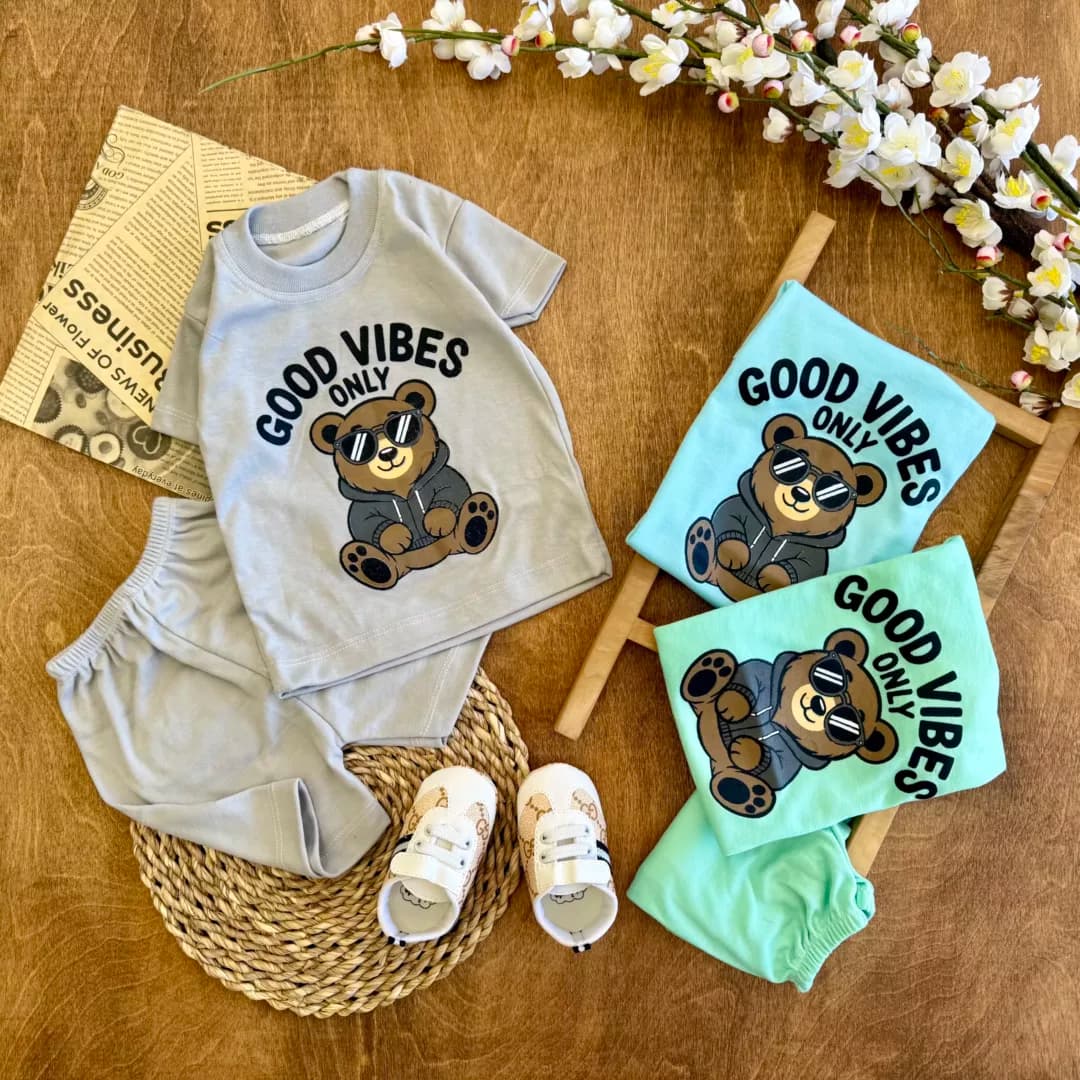 تیشرت شلوارک خرس good vibes (ایراددار) کد 6396-1