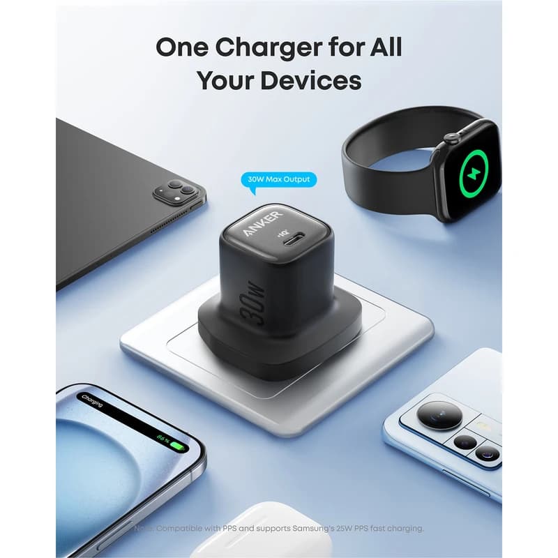 شارژر دیواری اصلی 30 وات انکر Anker Zolo مدل A2698 USB-C PD 3.0 مشکی (گارانتی آسان سرویس) — تصویر ۳