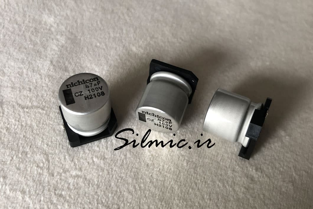 خازن 47 میکرو فاراد 100 ولت SMD با دمای کاری 125+ درجه ساخت nichicon ژاپن