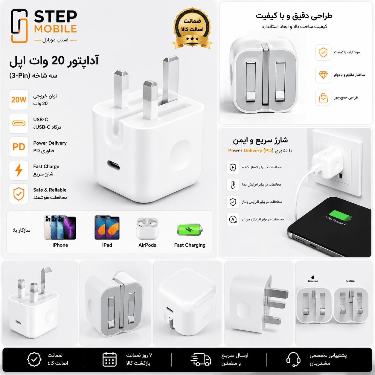آداپتور ۲۰ وات اپل Apple 20W USB-C Power Adapter اصلی | شارژر اورجینال فست شارژ USB-C PD — تصویر ۲