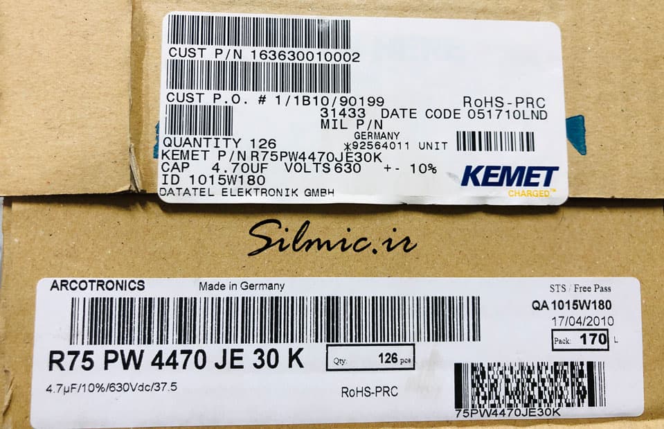 خازن 4.7 میکرو فاراد 630 ولت پلی پروپیلن متالیزه ساخت KEMET های فرکانس — تصویر ۳