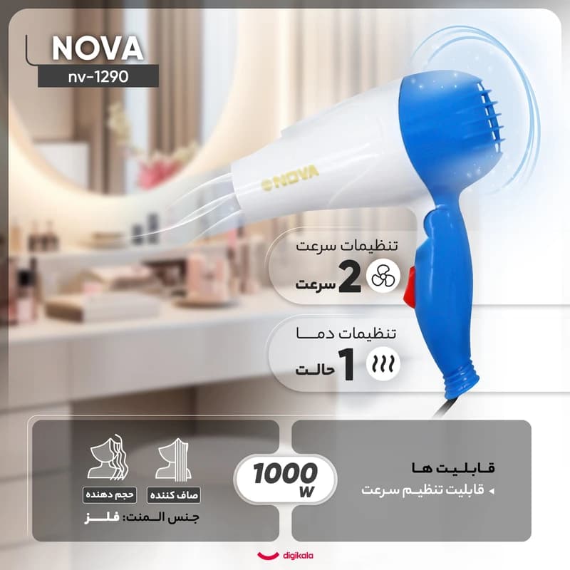 سشوار مسافرتی 1000 وات نوا مدل NV-1290 — تصویر ۴