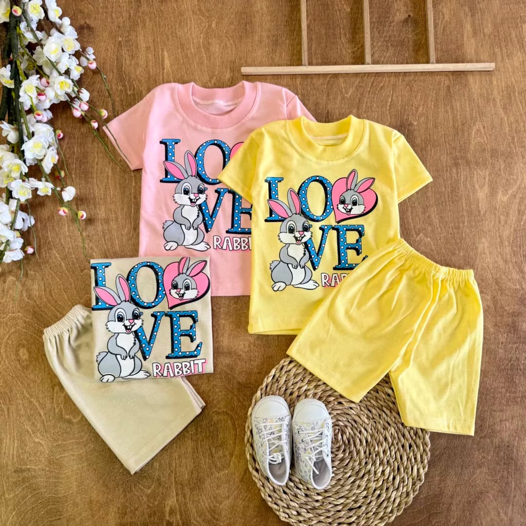 تیشرت شلوارک دو خرگوش Love سایز 4 تا 6 کد 6073