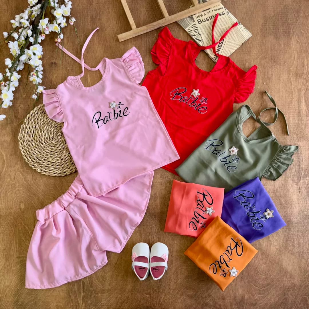 تاپ شلوارک دامنی گل برجسته Barbie سایز 45،50 کد 6283 — تصویر ۲