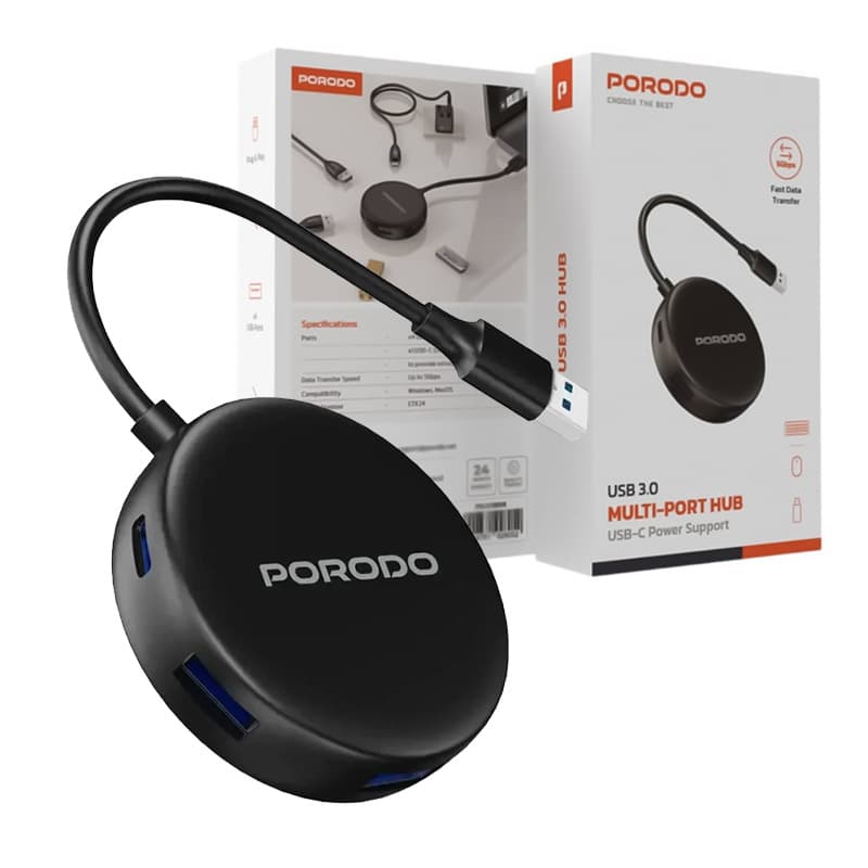 هاب 4 پورت آداپتورخور USB3.0 پرودو مدل Porodo multi-port Hub PD-51CHBBK