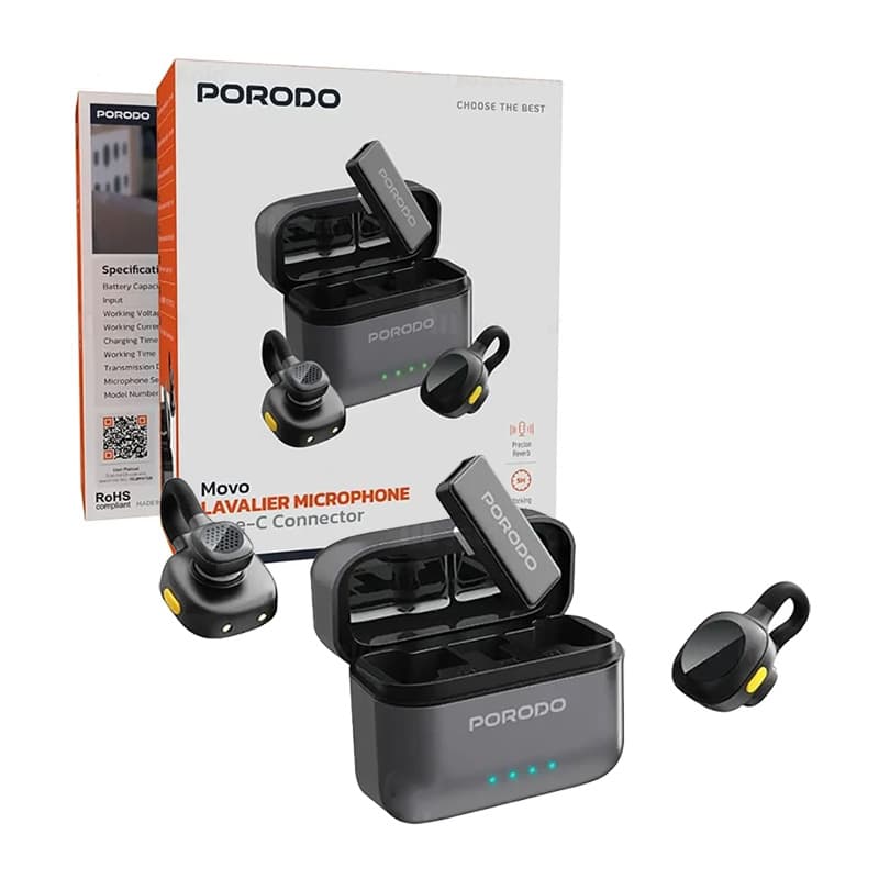میکروفن یقه ای دو کاربره بهمراه کیس شارژ موو پرودو مدل Porodo Movo Lavalier Microphone HF76