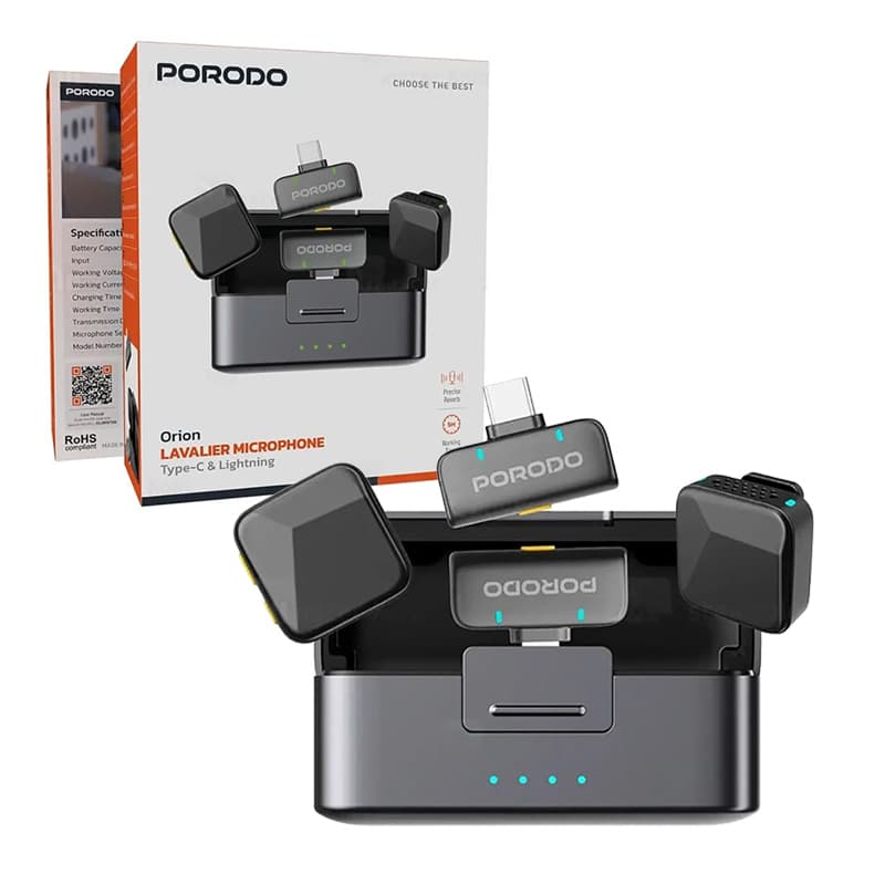 میکروفن یقه ای دو کاربره بهمراه کیس شارژ اوریون پرودو مدل Porodo Orion Lavalier Microphone HF75