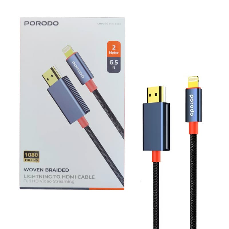 کابل تبدیل Lightning به HDMI کنفی 2 متری پرودو مدل Porodo Woven Braided 1080 Full HD CBL0017