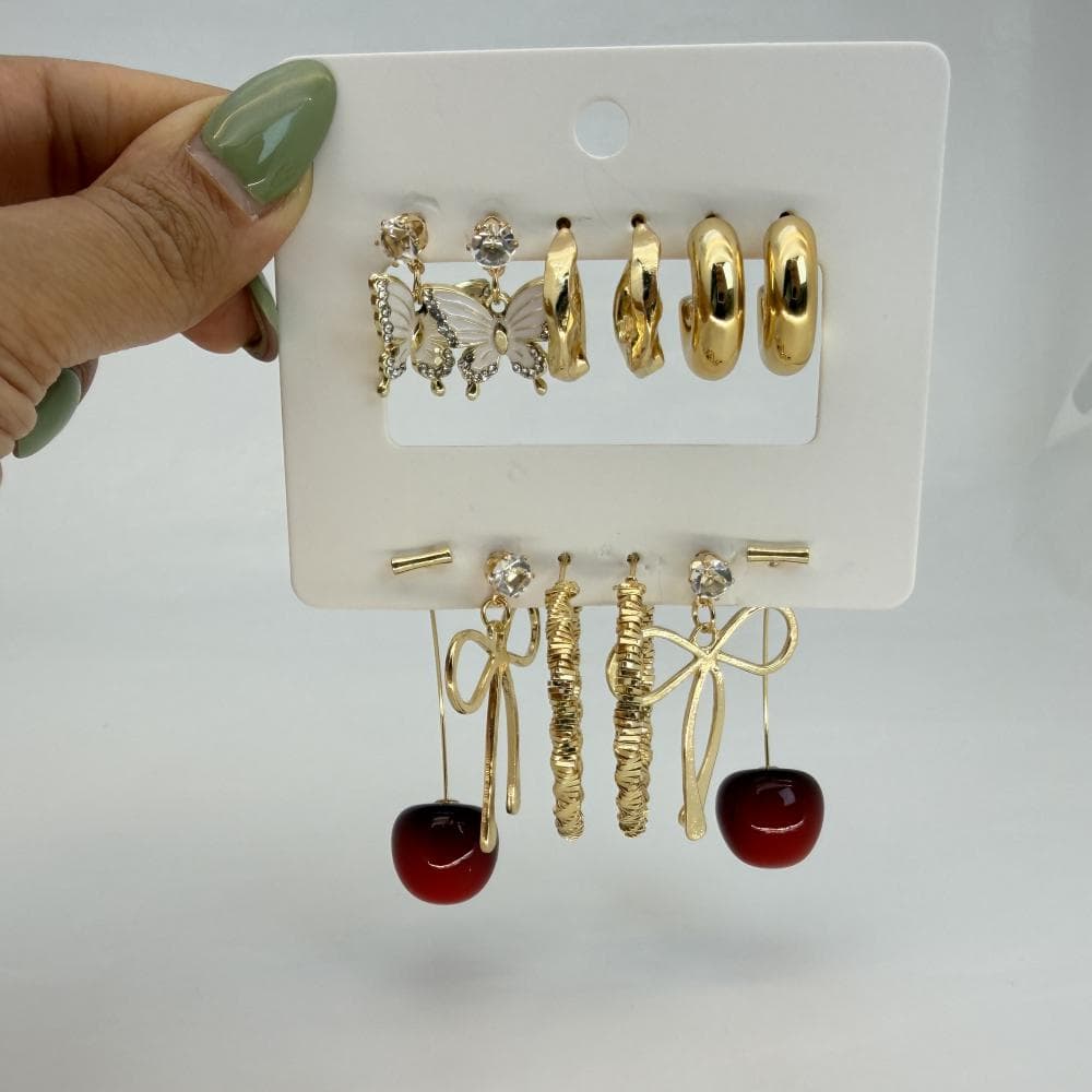 پک گوشواره دخترانه طرح ستاره گیلاس و پاپیون کد 25656