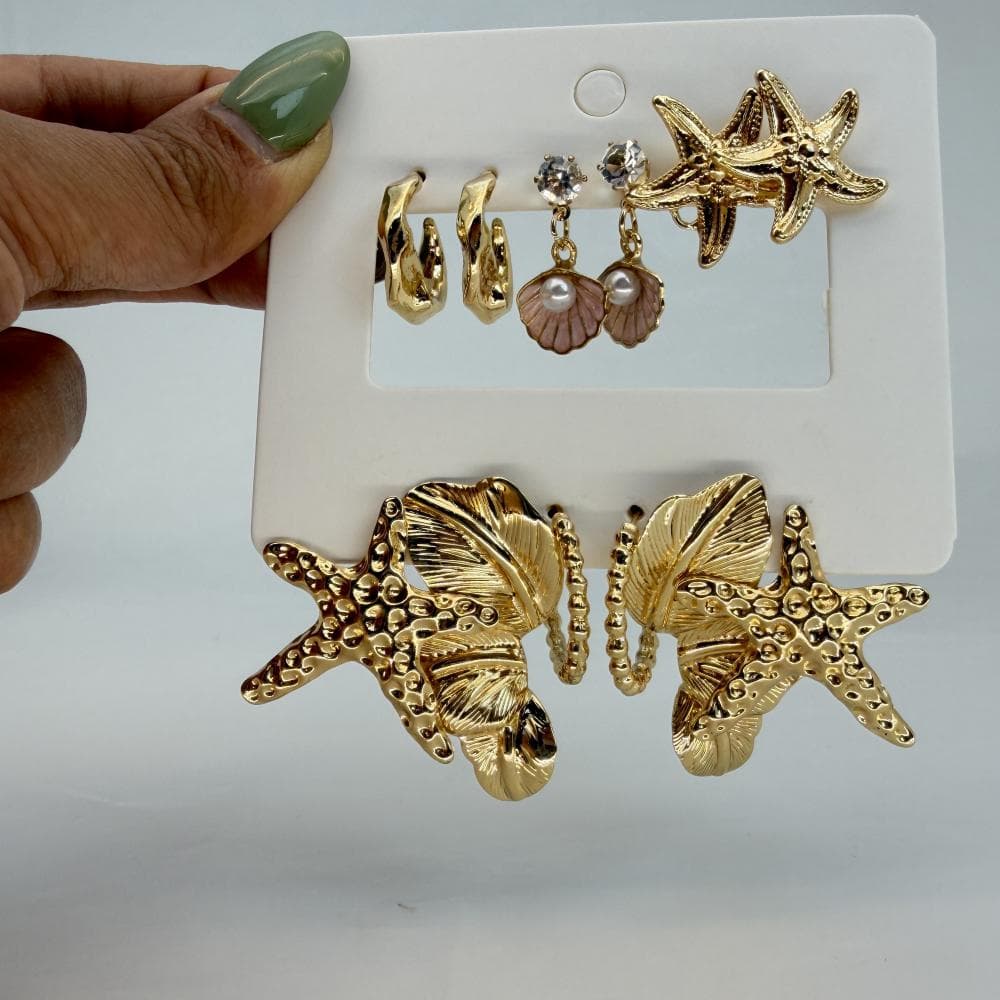 پک گوشواره دخترانه طرح ستاره دریایی و مروارید کد 25639