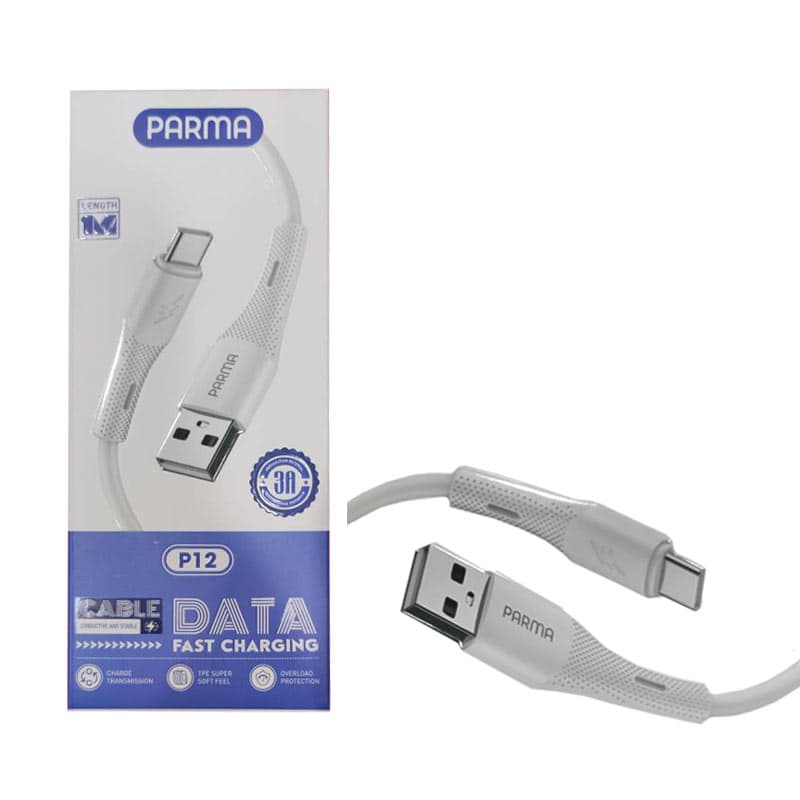 کابل شارژ و دیتا Type C فست سیلیکونی 1متری Parma P12 3A