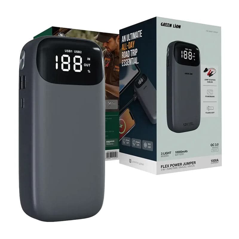 پاوربانک 10000mah و جامپ استارتر چراغدار گرین لاین مدل Green Lion Flex power jumper jx-44