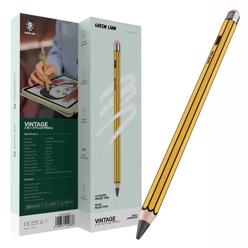 قلم هوشمند لمسی طرح مداد دو کاره گرین لاین Green Lion Vintage 2in1 stylus pencil