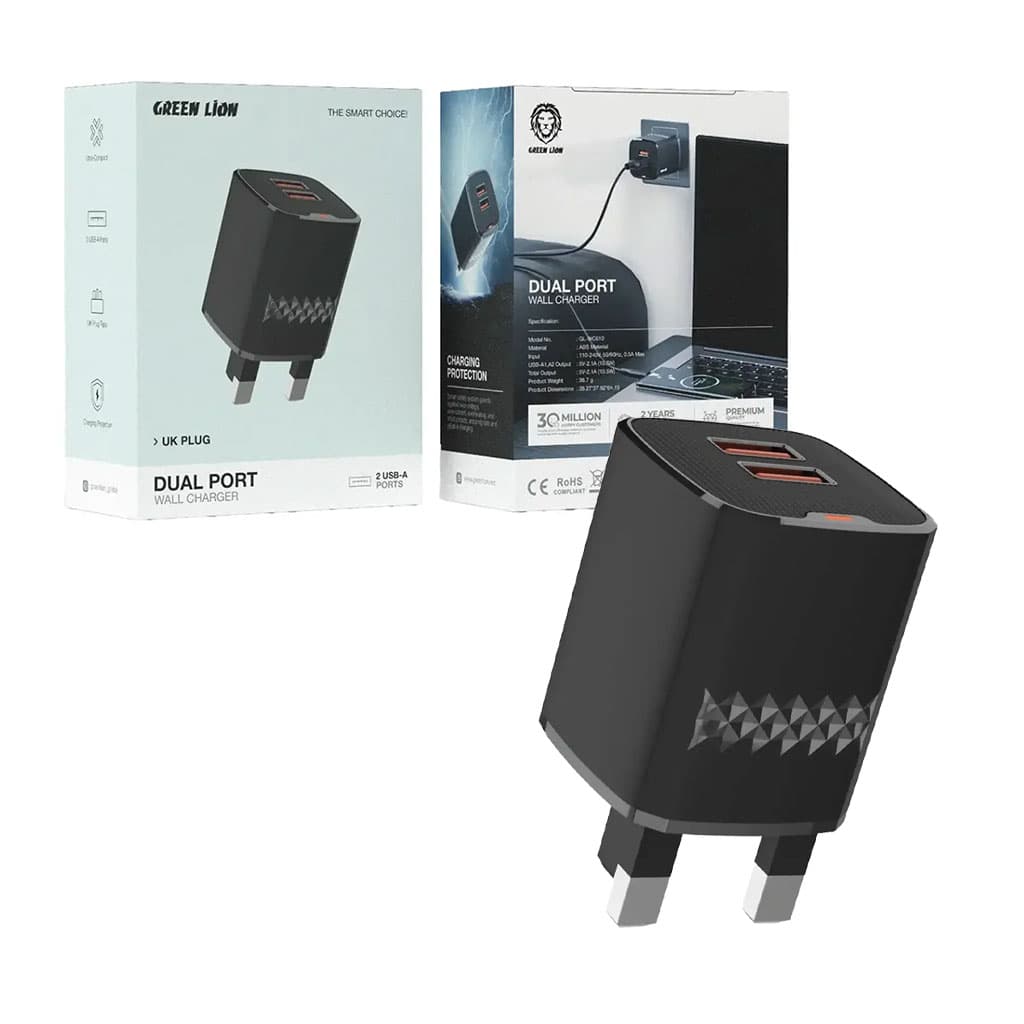 آداپتور شارژر 2پورت 3پین اسمارت گرین لاین مدل Green Lion Dual port Smart ic GL-wc60 — تصویر ۲