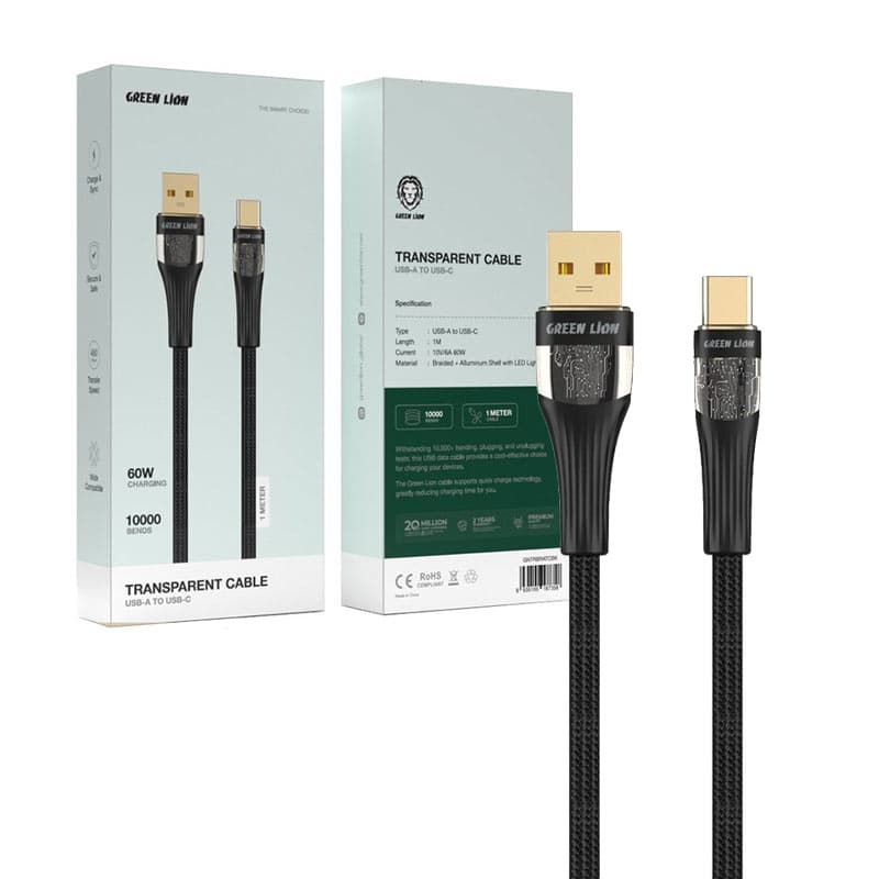 کابل شارژ و دیتا فست 1متری Usb to Lightning سر طلایی گرین لاین Green Lion Transparent cable 12w