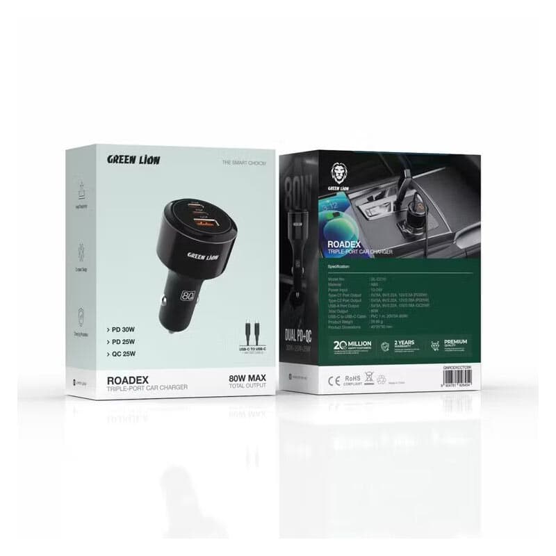 شارژر فندکی 3پورت دو پورت PD گرین لاین 80وات+کابل دو سر T.C مدل Green Lion ROADEX GL-CC10 — تصویر ۲