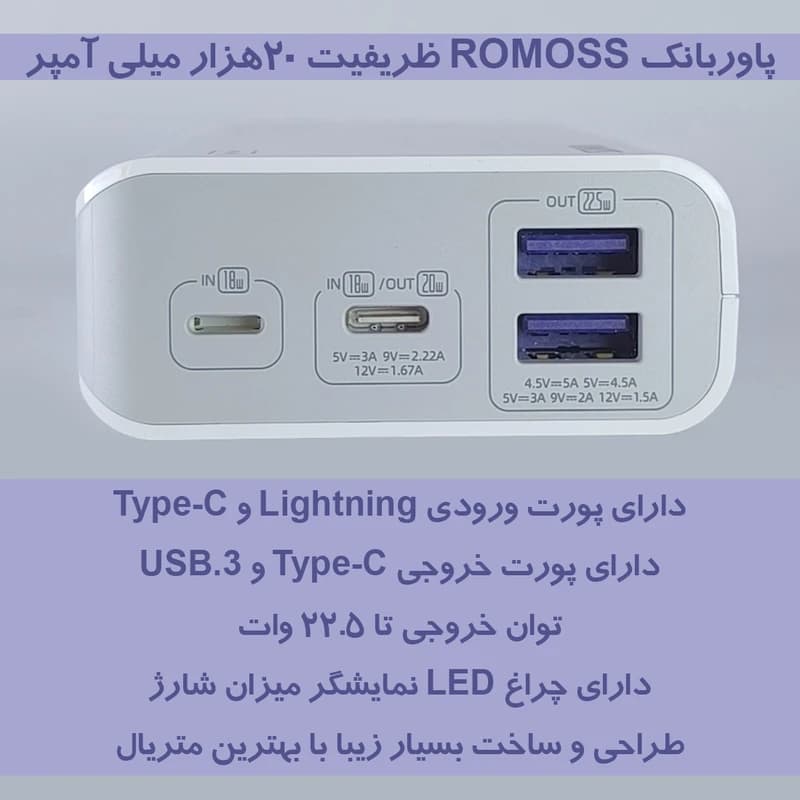 پاوربانک روموس مدل PPM-20 ظرفیت 20000 میلی آمپر ساعت — تصویر ۶