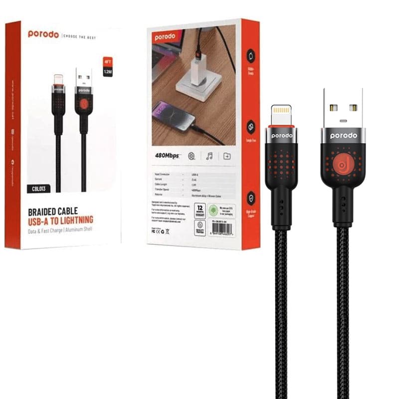 کابل شارژ و دیتا آیفونی کنفی Lightning فست 1.2متری پرودو Porodo Cbl0013