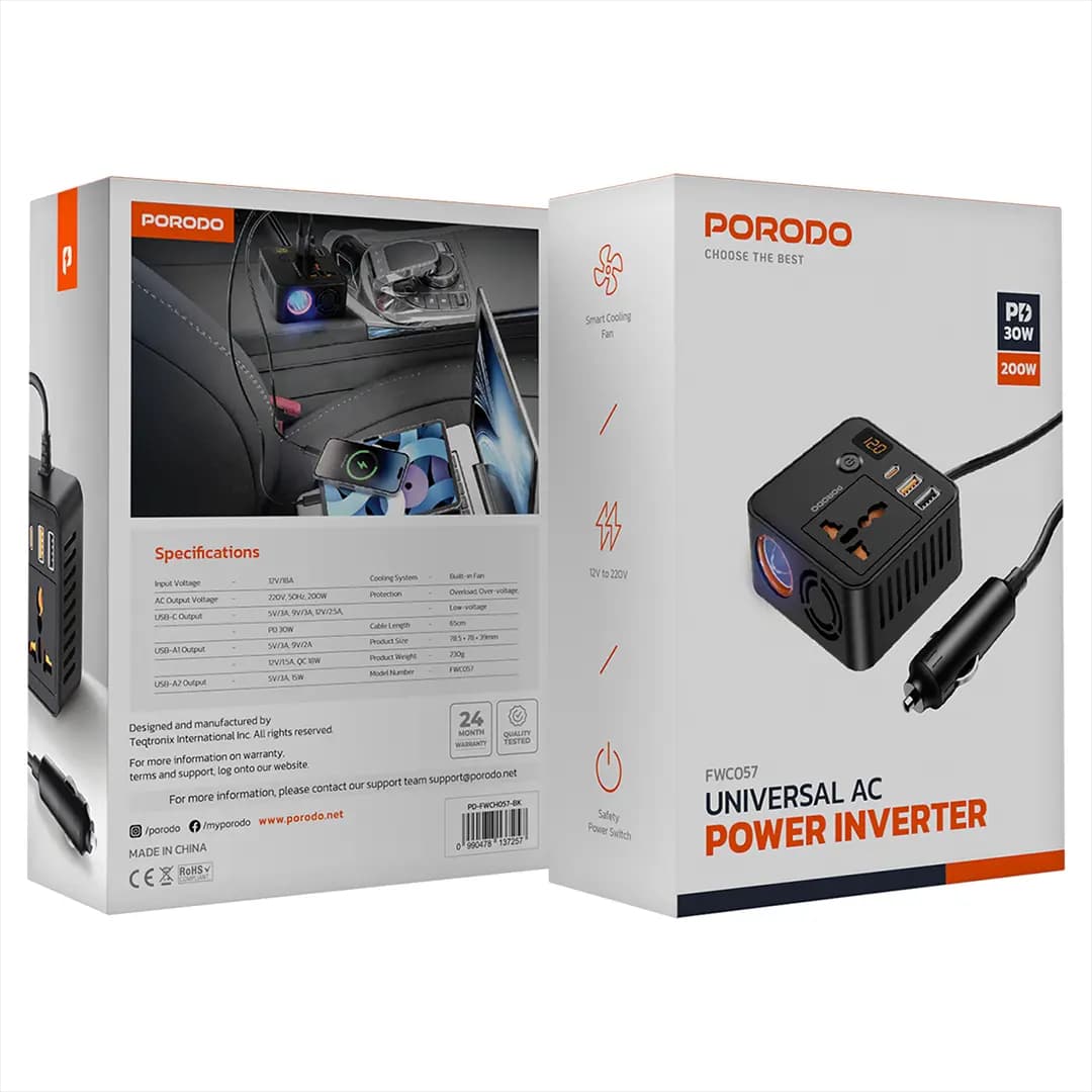 اینورتر مبدل برق خودرو فندکی به شارژر و برق 220ولت 200 وات پرودو porodo universal inverter FWC057 — تصویر ۳