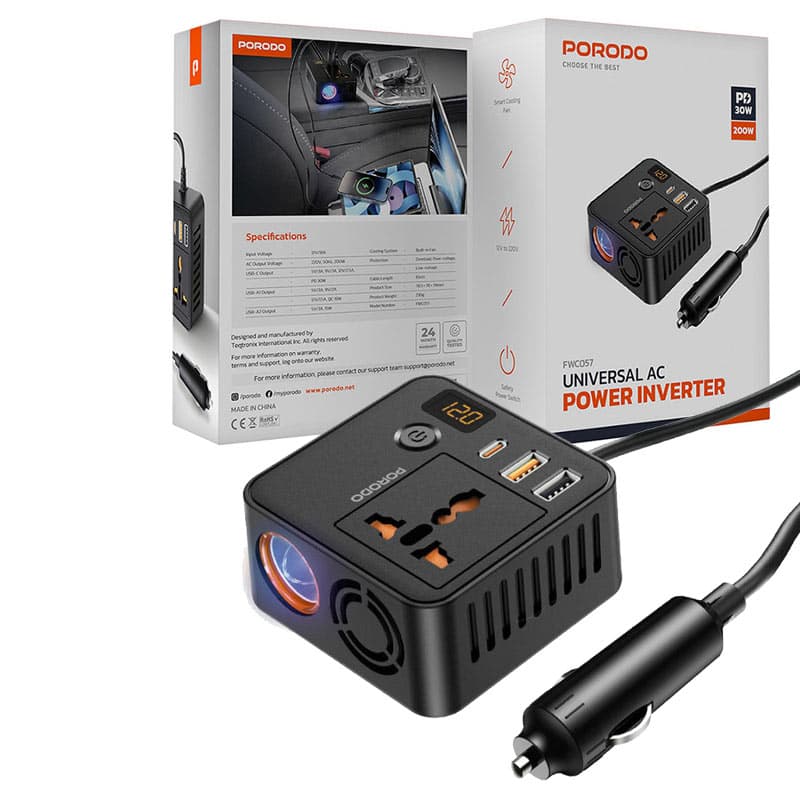 اینورتر مبدل برق خودرو فندکی به شارژر و برق 220ولت 200 وات پرودو porodo universal inverter FWC057