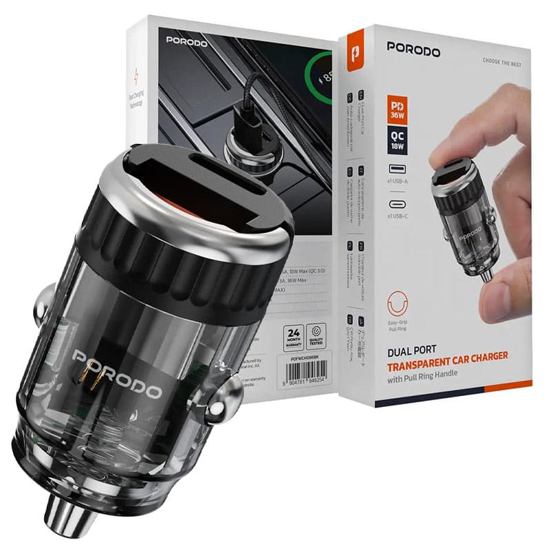 شارژر فندکی دو پورت یک پورت PD سوپرفست پرودو مدل Porodo Dual port transparent car charger 54w — تصویر ۲