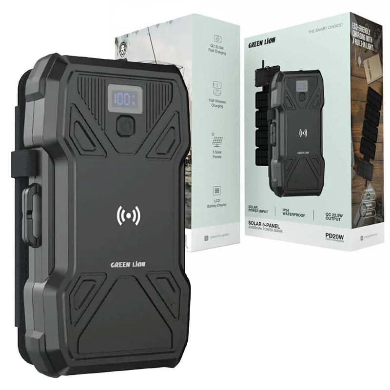 پاوربانک 20000mAH فست وایرلس خورشیدی 5 پنلی گرین لاین مدل Green Lion Solar 5-panel GL-PX27